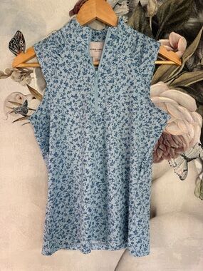 Laura Ashley Sky Blue Floral Sleeveless Zip Mock Neck Tank